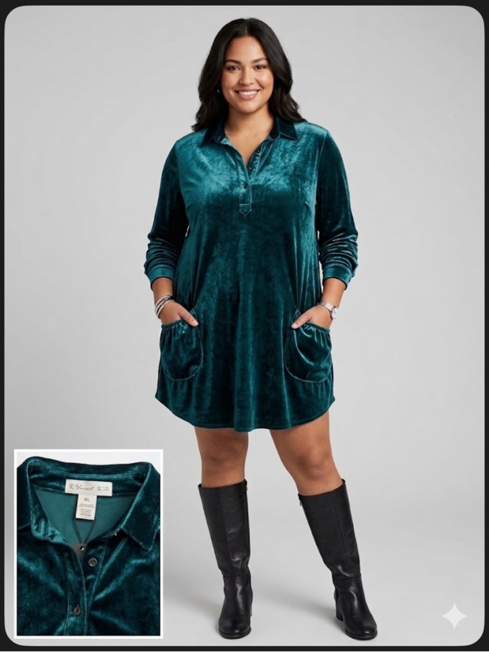 Green Velvet Button-Up Tunic Shirt Elegant Ruffled Pockets Size XL 16/18